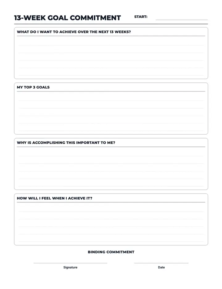 13-Week Goal Commitment printable template — Goals
