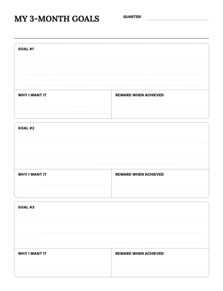 3-Month Goal Planner printable template — Goals
