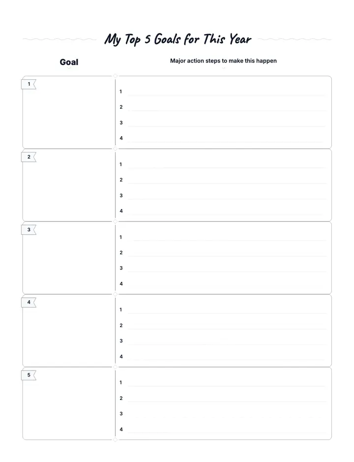 Top 5 Goals Action Plan printable template — Goals