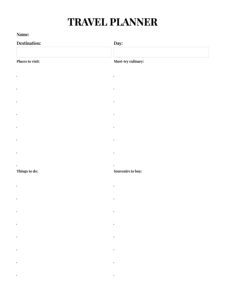 Travel Planner printable template — Home