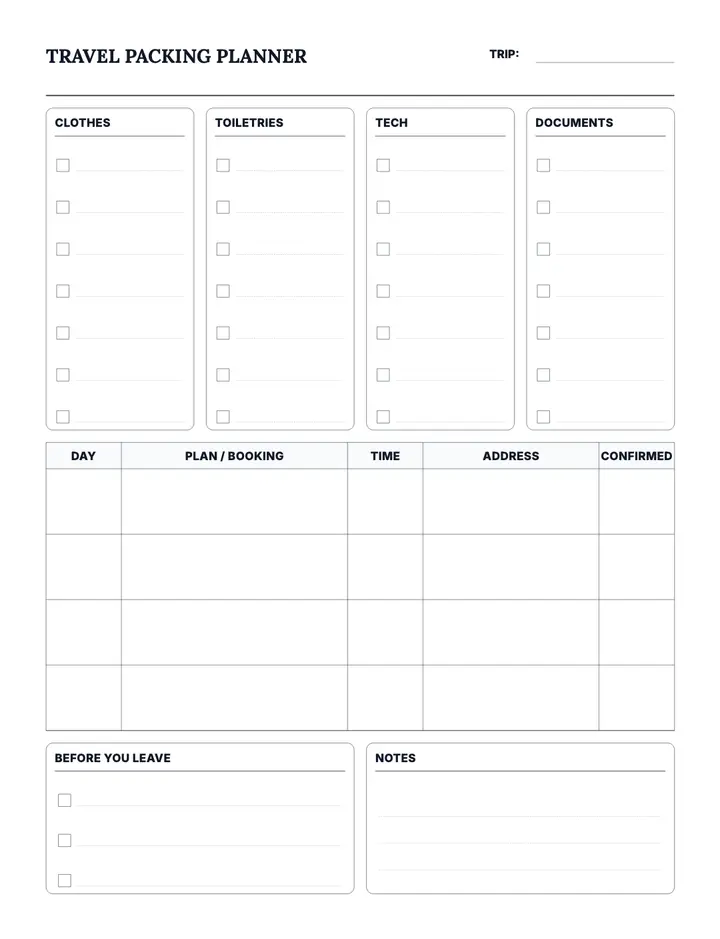 Travel Packing Planner printable template — Home