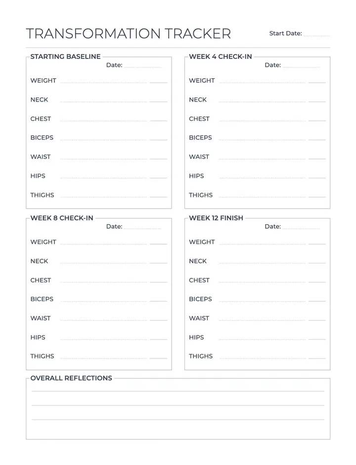 Vital Health Trackers — Transformation Tracker printable template — Health