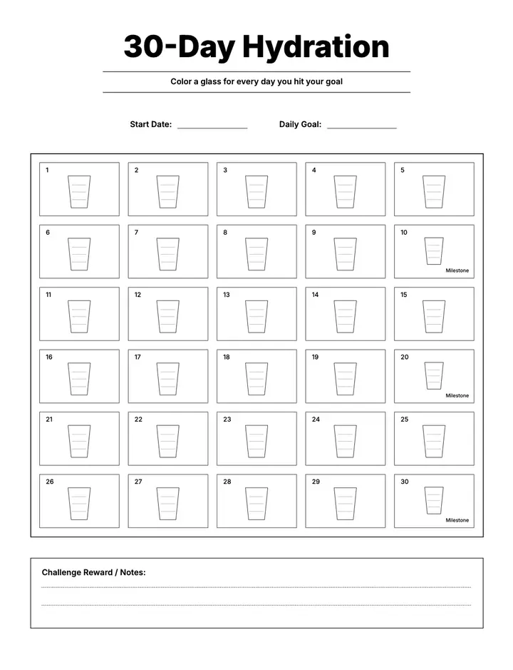 Hydration Log — 30-Day Challenge printable template — Health