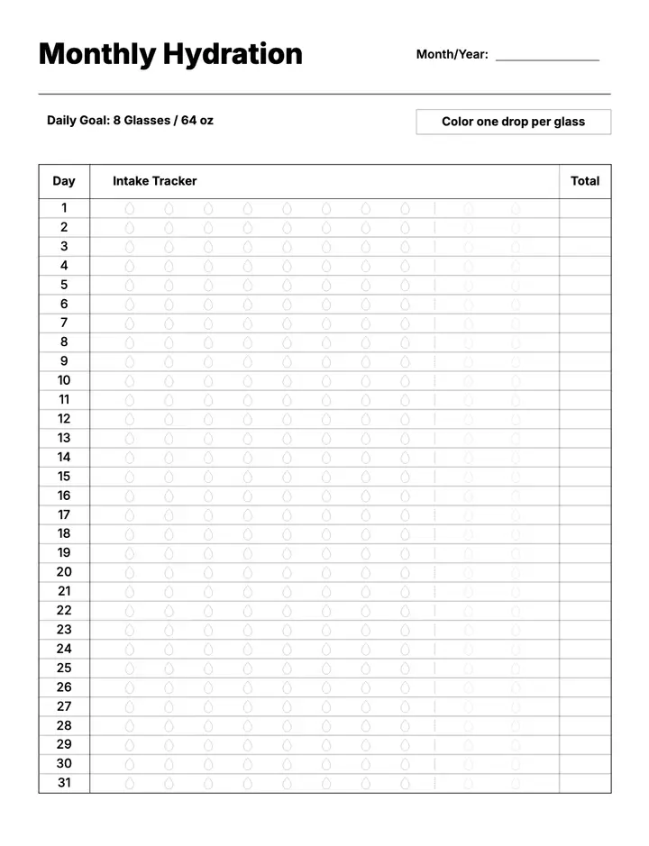 Hydration Log — Monthly Hydration printable template — Health