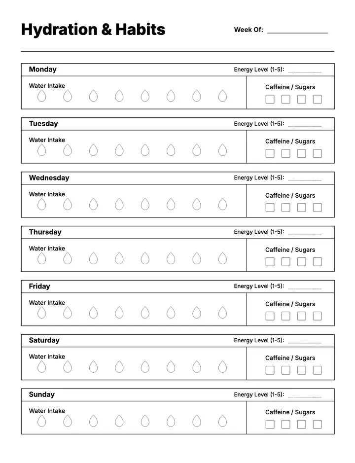 Hydration Log — Weekly & Habits printable template — Health