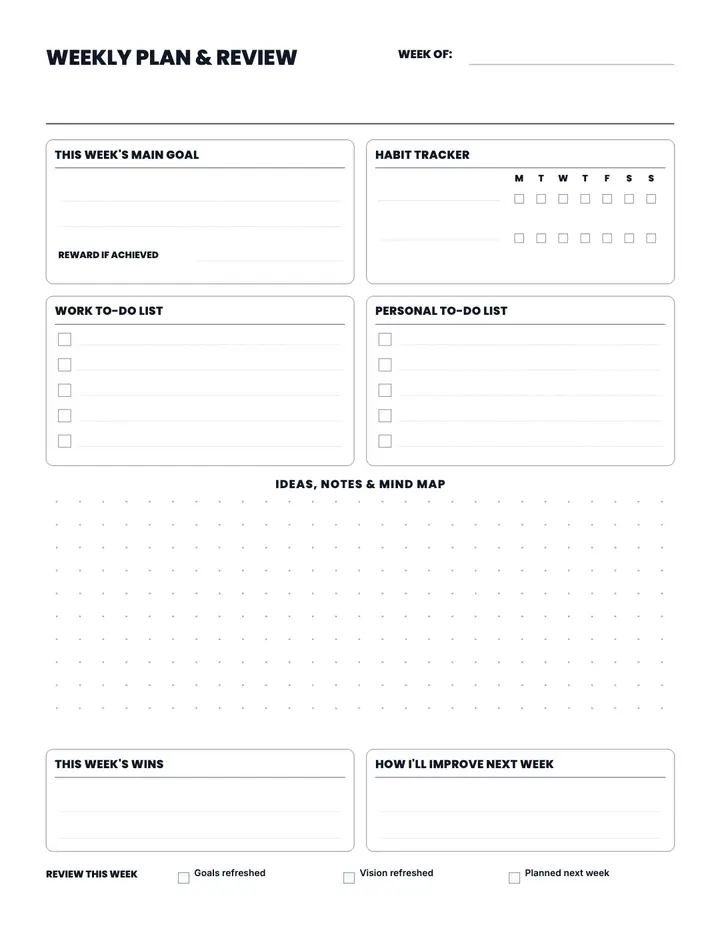 Weekly Plan & Review printable template — Planner