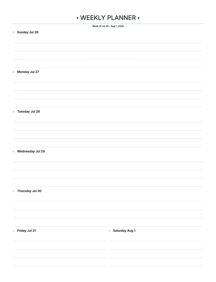 Weekly Planner (Dated) printable template — Planner