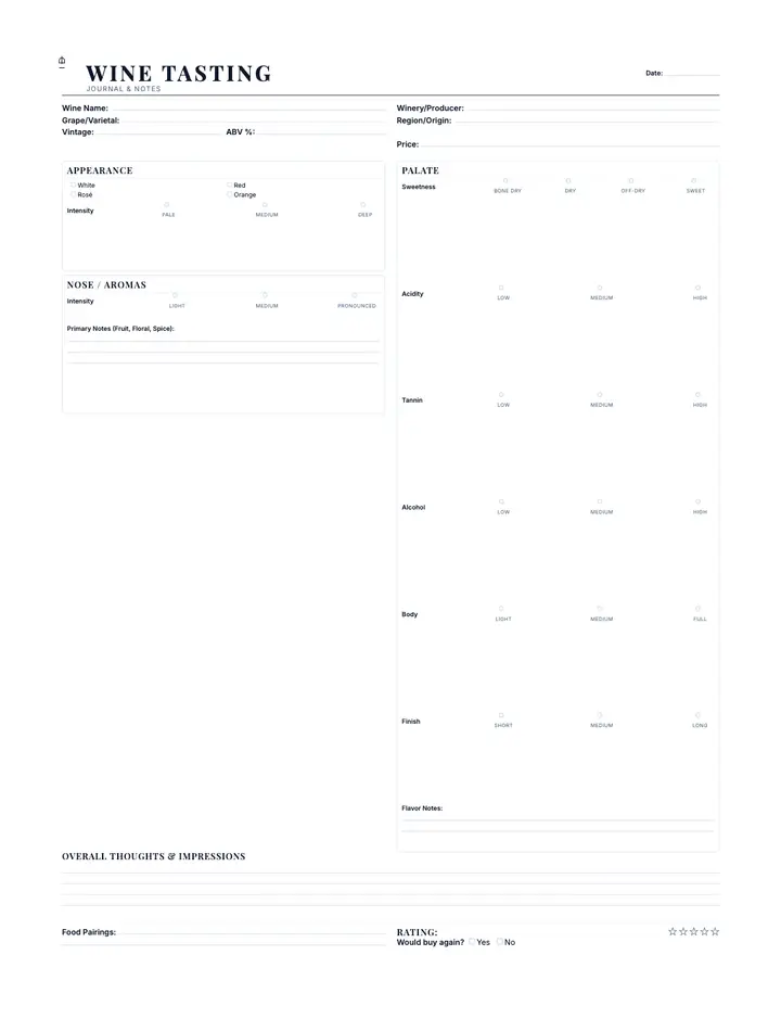 Wine Tasting Notes printable template — Hobby