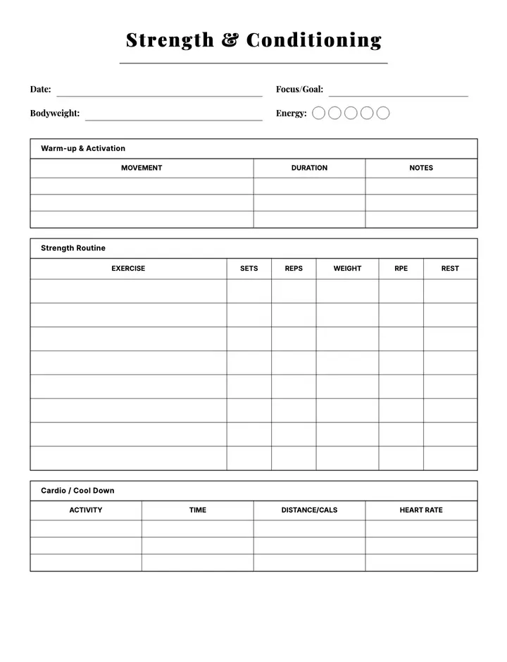 Strength Training Log — Detailed printable template — Health