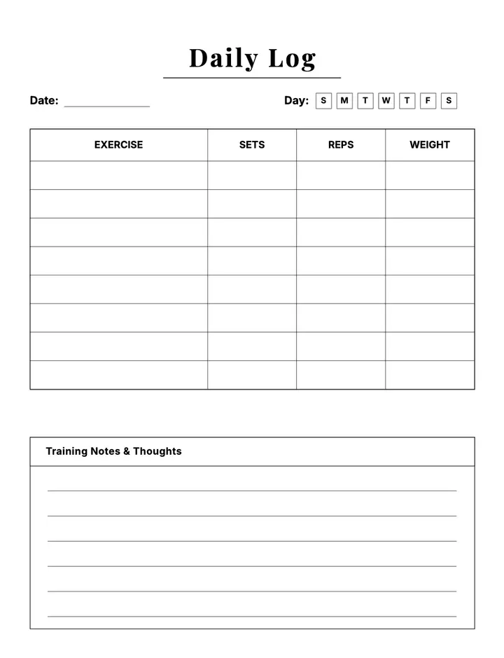 Strength Training Log — Hybrid Journal printable template — Health