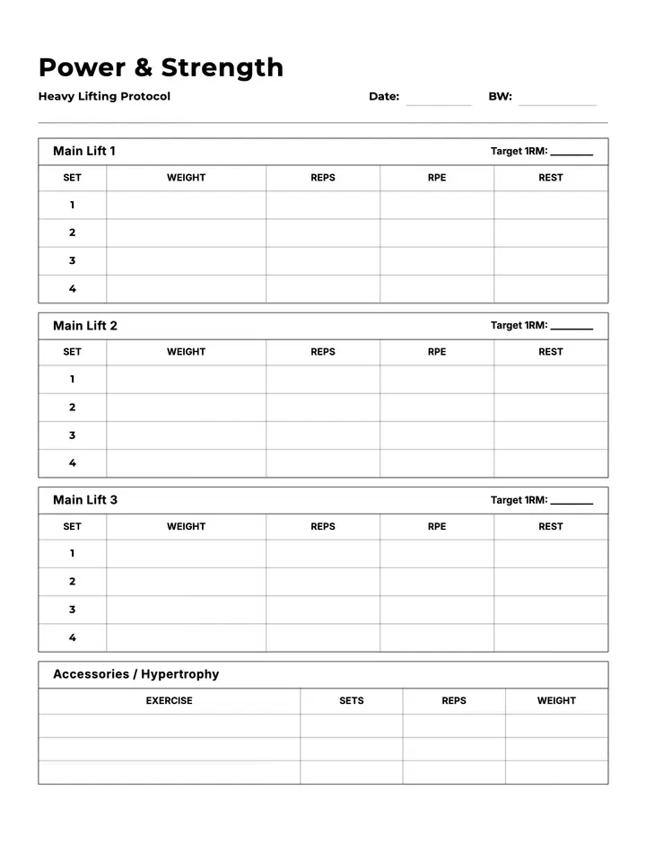 Strength Training Log — Powerlifting printable template — Health
