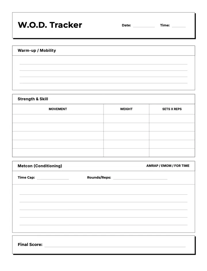 Strength Training Log — WOD / Functional printable template — Health